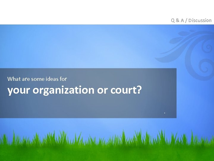 Q & A / Discussion What are some ideas for your organization or court?