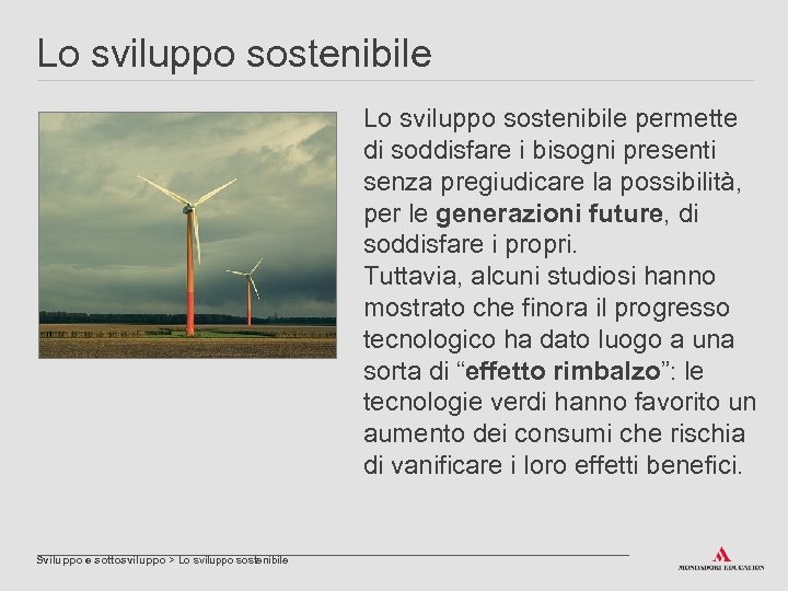 Lo sviluppo sostenibile permette di soddisfare i bisogni presenti senza pregiudicare la possibilità, per