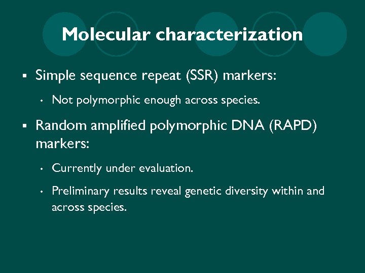 Molecular characterization § Simple sequence repeat (SSR) markers: • § Not polymorphic enough across