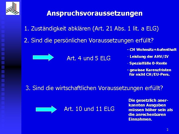 Anspruchsvoraussetzungen 1. Zuständigkeit abklären (Art. 21 Abs. 1 lit. a ELG) 2. Sind die