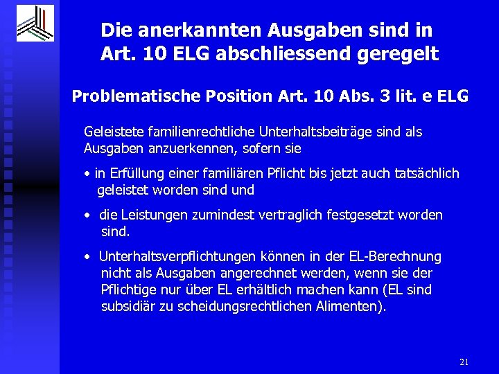 Die anerkannten Ausgaben sind in Art. 10 ELG abschliessend geregelt Problematische Position Art. 10