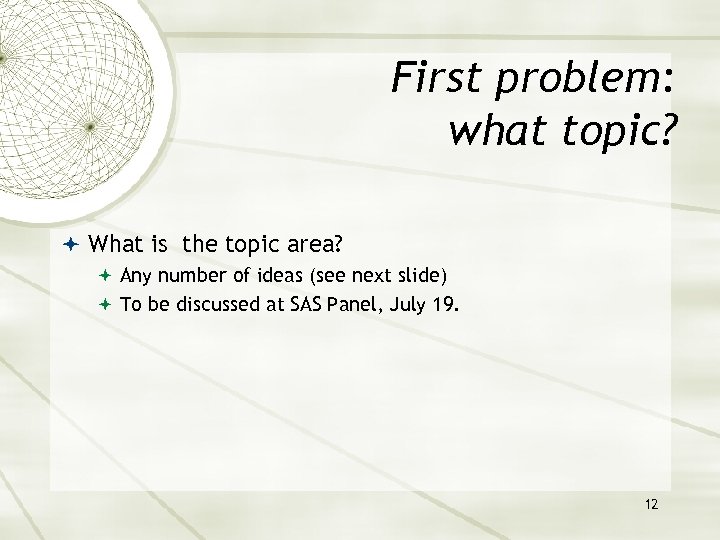 First problem: what topic? What is the topic area? Any number of ideas (see