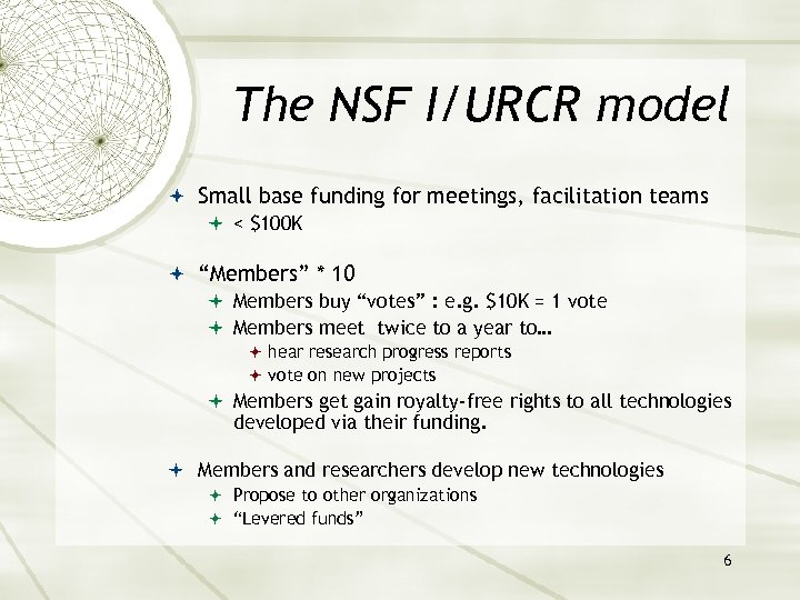 The NSF I/URCR model Small base funding for meetings, facilitation teams < $100 K