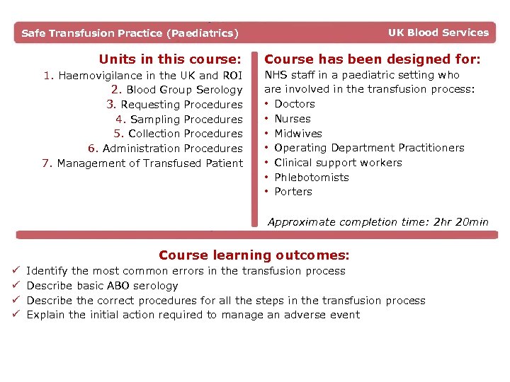 UK Blood Services Safe Transfusion Practice (Paediatrics) Units in this course: 1. Haemovigilance in