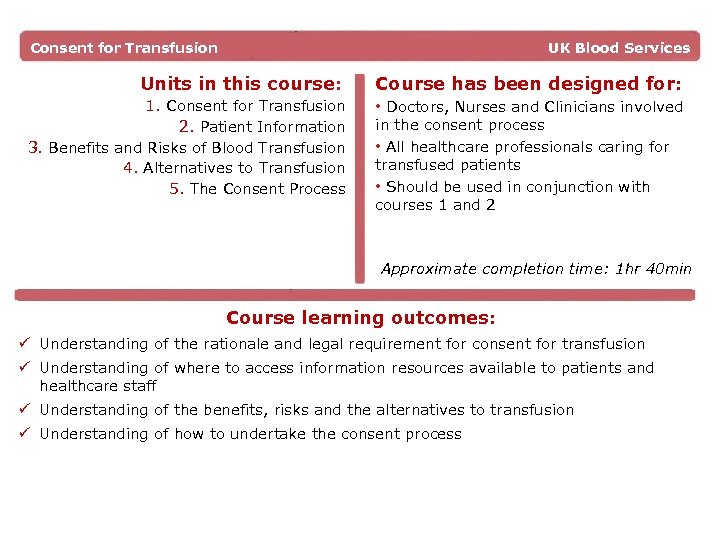 Consent for Transfusion UK Blood Services Units in this course: 1. Consent for Transfusion