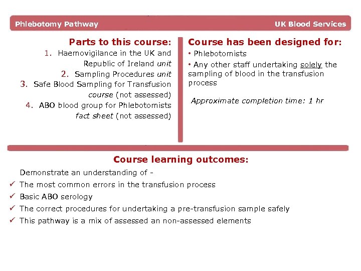 Phlebotomy Pathway UK Blood Services Parts to this course: Course has been designed for: