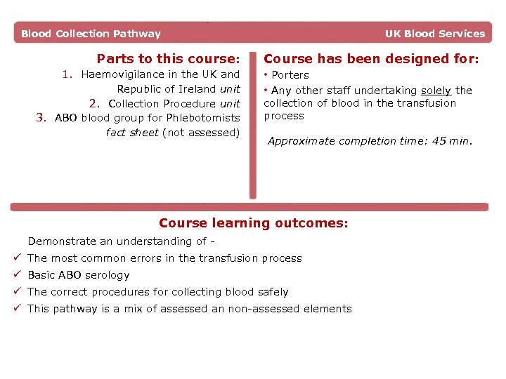 Blood Collection Pathway Parts to this course: UK Blood Services Course has been designed