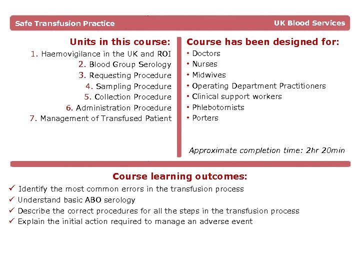 UK Blood Services Safe Transfusion Practice Units in this course: 1. Haemovigilance in the