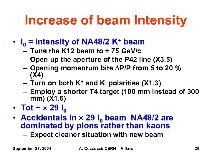 Increase of beam Intensity • I 0 = Intensity of NA 48/2 K+ beam