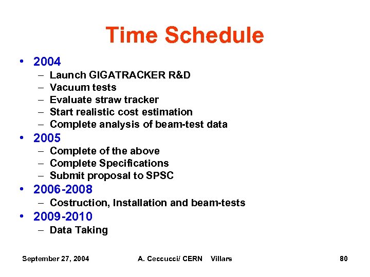 Time Schedule • 2004 – – – Launch GIGATRACKER R&D Vacuum tests Evaluate straw