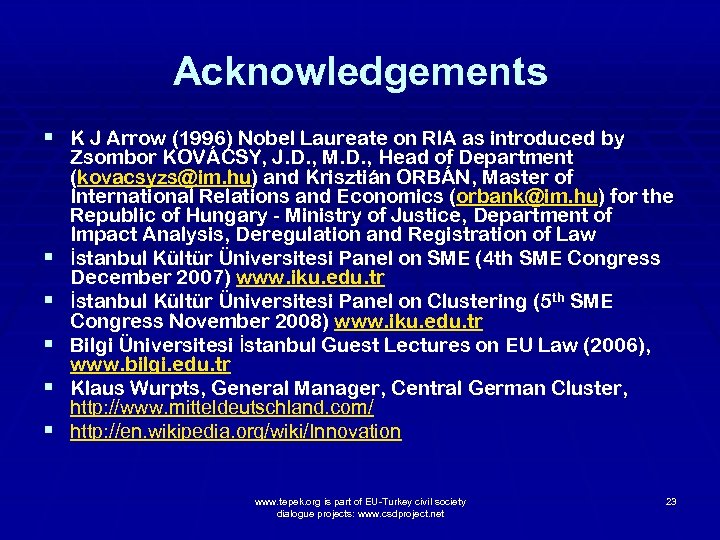 Acknowledgements § K J Arrow (1996) Nobel Laureate on RIA as introduced by §