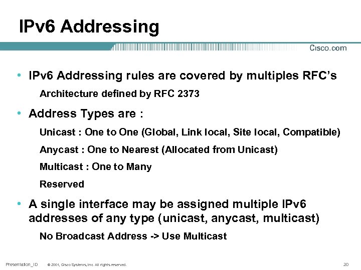 IPv 6 Addressing • IPv 6 Addressing rules are covered by multiples RFC’s Architecture