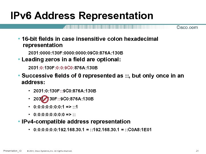 IPv 6 Address Representation • 16 -bit fields in case insensitive colon hexadecimal representation