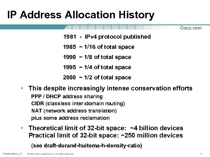 IP Address Allocation History 1981 - IPv 4 protocol published 1985 ~ 1/16 of