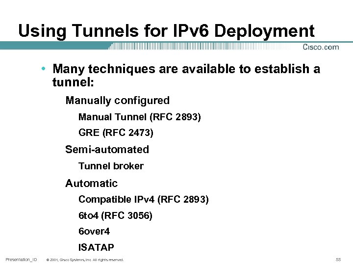 Using Tunnels for IPv 6 Deployment • Many techniques are available to establish a