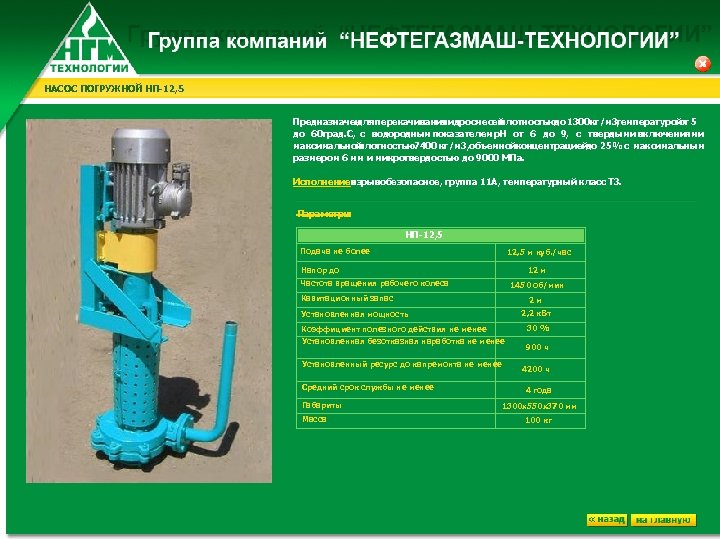 НАСОС ПОГРУЖНОЙ НП-12, 5 Предназначен перекачивания для гидросмесей плотностью до 1300 кг/м 3, температурой