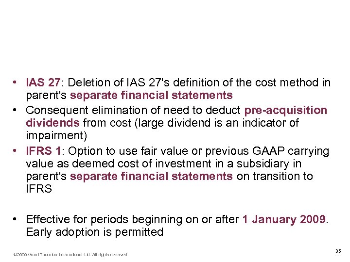 Amendment to IFRS 1 and IAS 27 Cost of an investment in a Subsidiary,