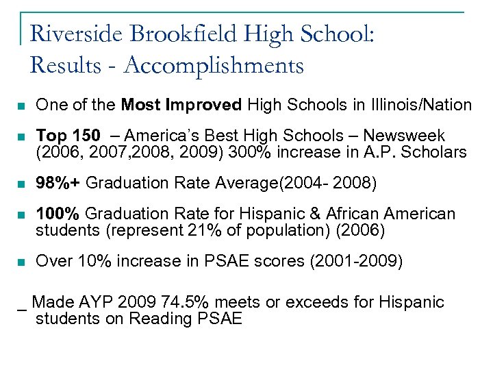 Riverside Brookfield High School: Results - Accomplishments n One of the Most Improved High