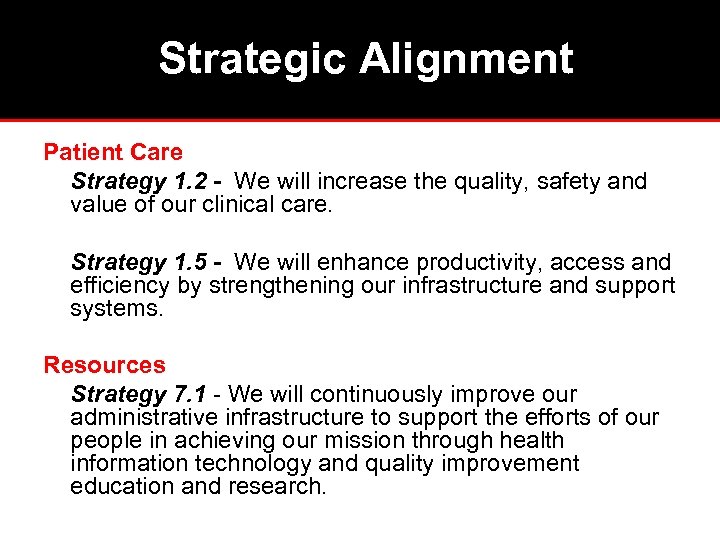 Strategic Alignment Patient Care Strategy 1. 2 - We will increase the quality, safety
