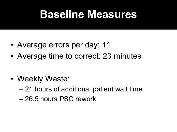 Baseline Measures • Average errors per day: 11 • Average time to correct: 23