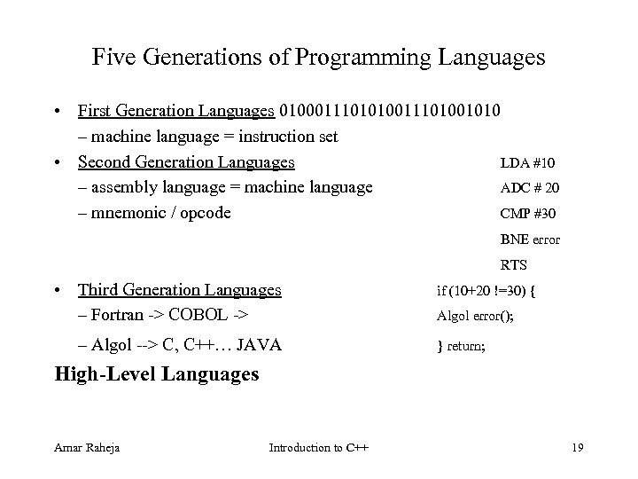 Five Generations of Programming Languages • First Generation Languages 0100011101010011101001010 – machine language =