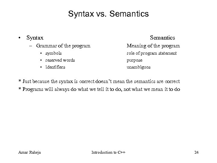 Syntax vs. Semantics • Syntax Semantics – Grammar of the program Meaning of the