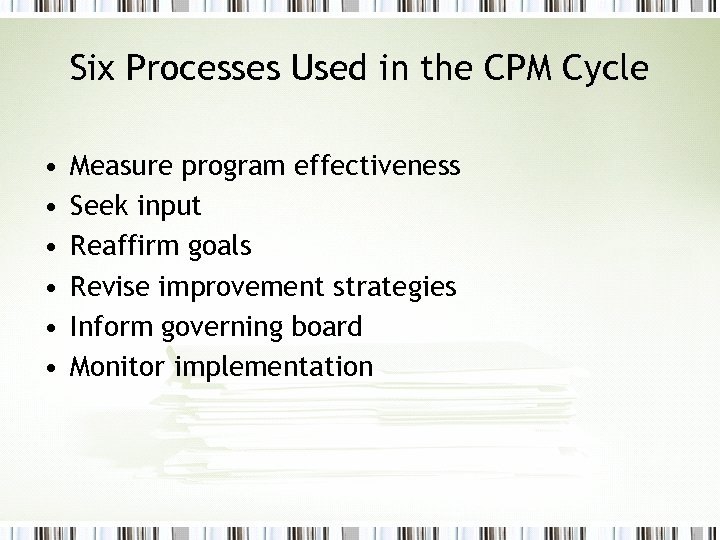 Six Processes Used in the CPM Cycle • • • Measure program effectiveness Seek