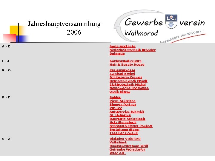 Jahreshauptversammlung 2006 A - E Amts-Apotheke Sicherheitstechnik Bressler Dalmatia F - J Küchenstudio Gorn