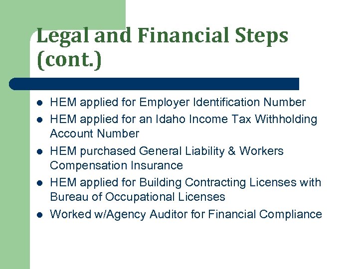 Legal and Financial Steps (cont. ) l l l HEM applied for Employer Identification