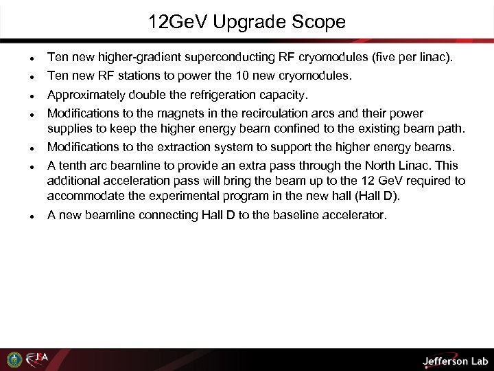 12 Ge. V Upgrade Scope Ten new higher-gradient superconducting RF cryomodules (five per linac).