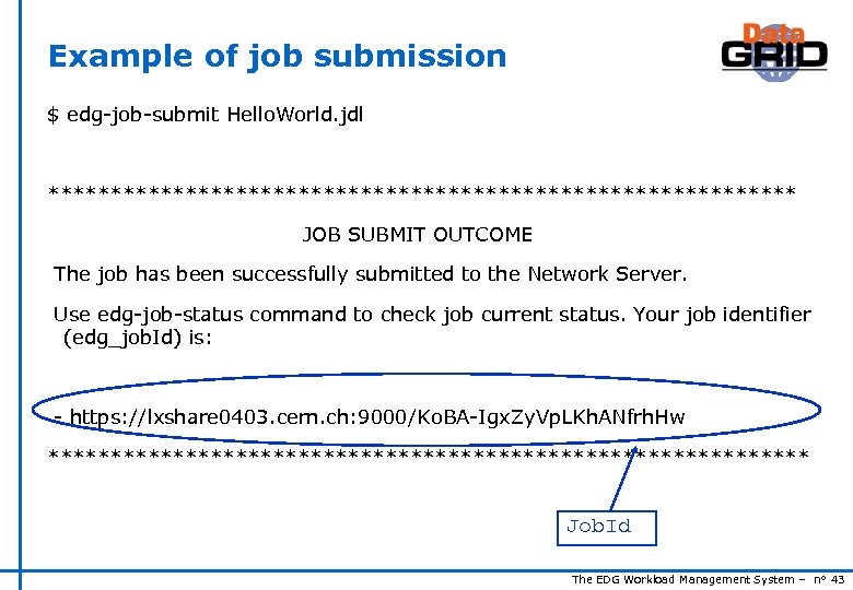 Example of job submission $ edg-job-submit Hello. World. jdl ****************************** JOB SUBMIT OUTCOME The