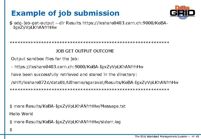 Example of job submission $ edg-job-get-output --dir Results https: //lxshare 0403. cern. ch: 9000/Ko.