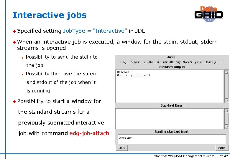 Interactive jobs u Specified setting Job. Type = “Interactive” in JDL u When an
