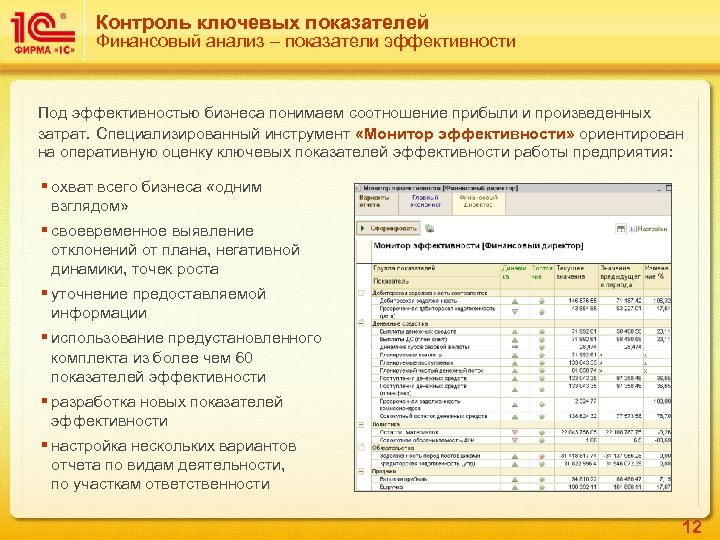 Контроль ключевых показателей Финансовый анализ – показатели эффективности Под эффективностью бизнеса понимаем соотношение прибыли