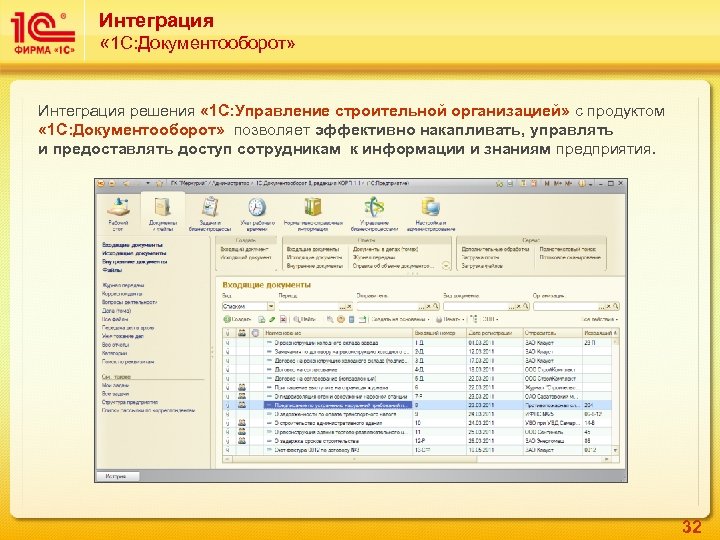 Интеграция « 1 С: Документооборот» Интеграция решения « 1 С: Управление строительной организацией» с