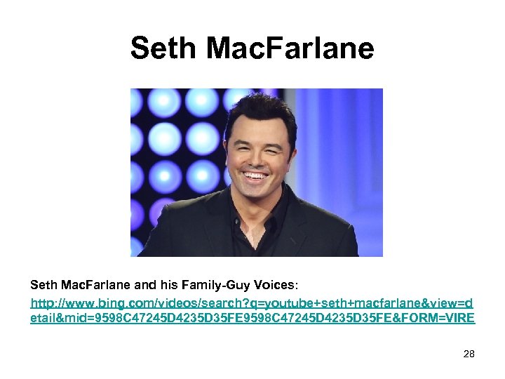 Seth Mac. Farlane and his Family-Guy Voices: http: //www. bing. com/videos/search? q=youtube+seth+macfarlane&view=d etail&mid=9598 C