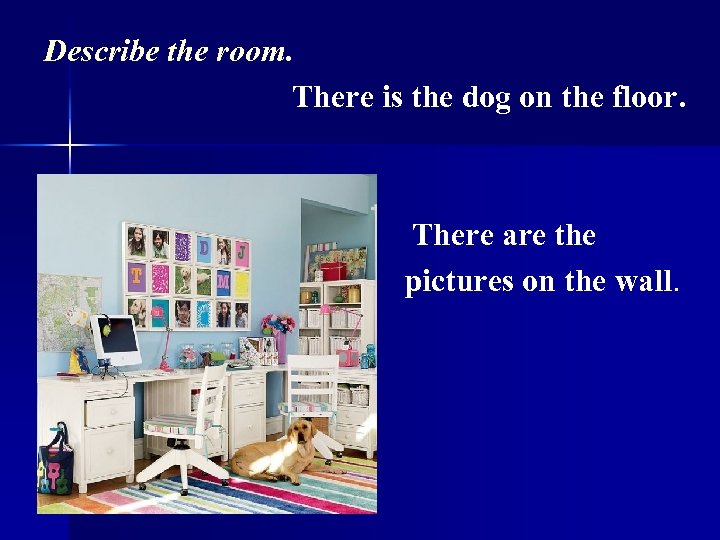 Describe the room. There is the dog on the floor. There are the pictures