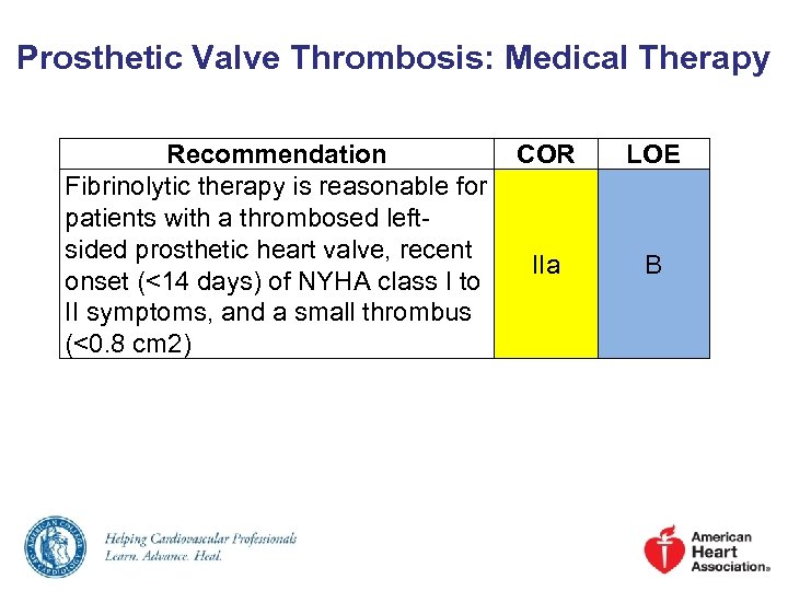 Prosthetic Valve Thrombosis: Medical Therapy Recommendation COR Fibrinolytic therapy is reasonable for patients with
