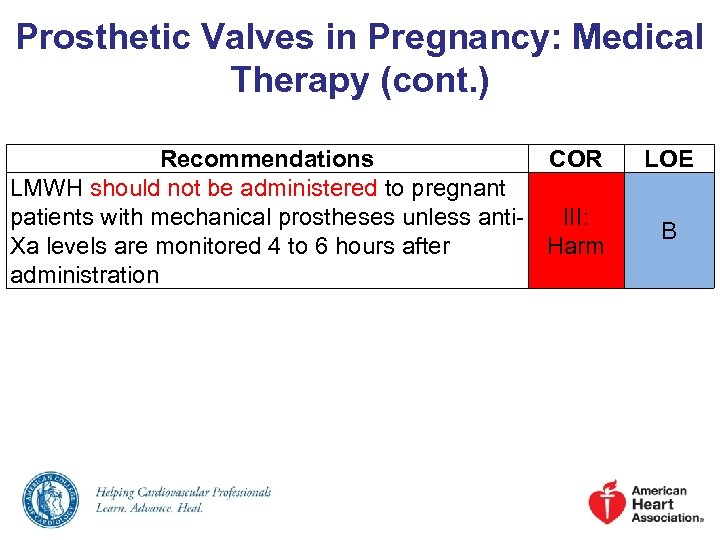 Prosthetic Valves in Pregnancy: Medical Therapy (cont. ) Recommendations COR LMWH should not be
