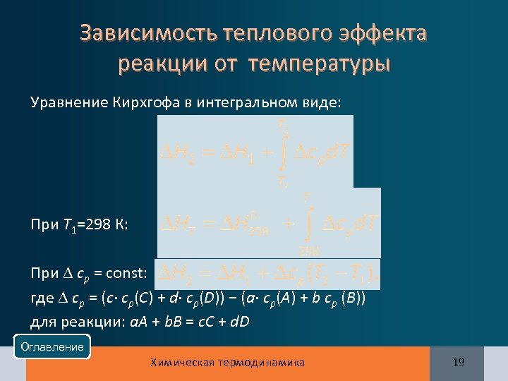 Зависимость теплового эффекта реакции от температуры Уравнение Кирхгофа в интегральном виде: При Т 1=298