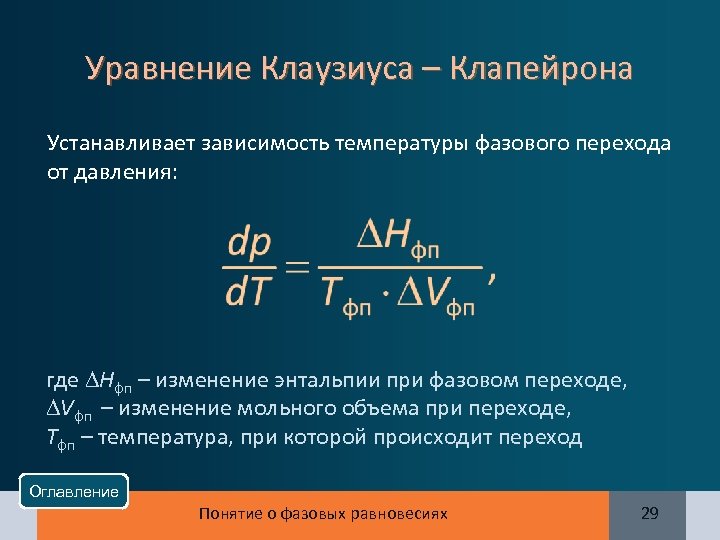 Уравнение Клаузиуса – Клапейрона Устанавливает зависимость температуры фазового перехода от давления: где Hфп –