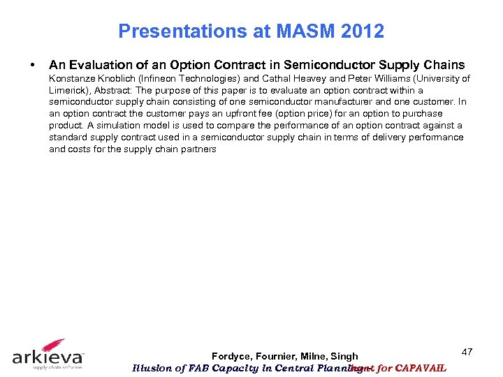 Presentations at MASM 2012 • An Evaluation of an Option Contract in Semiconductor Supply