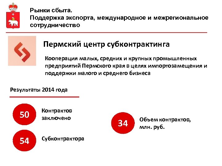 Рынки сбыта. Поддержка экспорта, международное и межрегиональное сотрудничество Пермский центр субконтрактинга Кооперация малых, средних