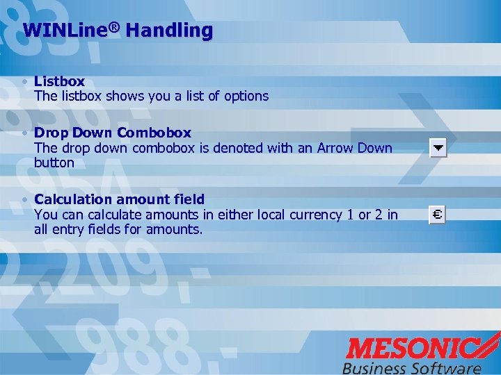 WINLine® Handling • Listbox The listbox shows you a list of options • Drop