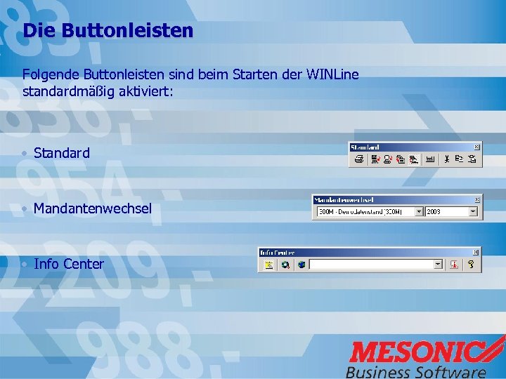Die Buttonleisten Folgende Buttonleisten sind beim Starten der WINLine standardmäßig aktiviert: • Standard •