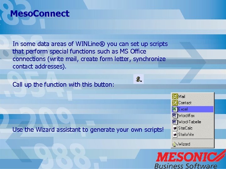 Meso. Connect In some data areas of WINLine® you can set up scripts that