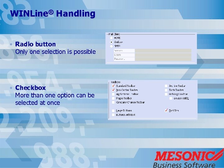 WINLine® Handling • Radio button Only one selection is possible • Checkbox More than