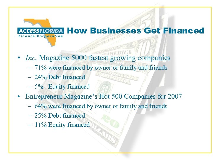 How Businesses Get Financed • Inc. Magazine 5000 fastest growing companies – 71% were