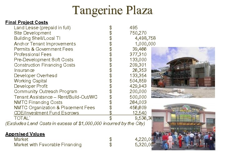 Tangerine Plaza Final Project Costs Land Lease (prepaid in full) $ 495 Site Development