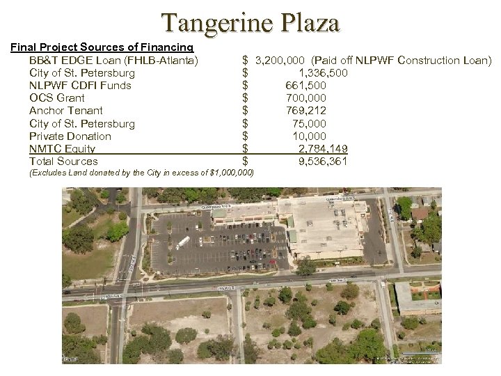 Tangerine Plaza Final Project Sources of Financing BB&T EDGE Loan (FHLB-Atlanta) City of St.